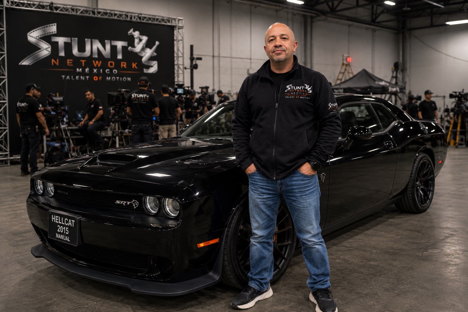 Tomás Guzmán junto al Hellcat negro en el foro de Stunts Network México